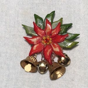 Poinsettia and Bells Vintage Brooch